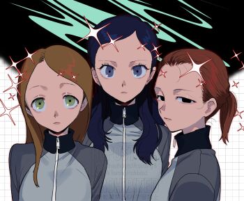 Rule 34 | 3girls, black hair, blue eyes, blue jacket, brown eyes, brown hair, girls und panzer, girls und panzer saishuushou, green eyes, highres, jacket, katsuoboshi, keizoku military uniform, long hair, multiple girls, ponytail, red hair, short hair, sparkle, tami (girls und panzer), tomi (girls und panzer), track jacket