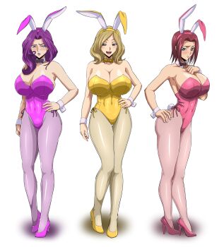 3girls absurdres animal_ears barefoot blonde_hair blue_eyes blush bow bowtie breasts cleavage code_geass cornelia_li_britannia covered_navel curvy detached_collar fake_animal_ears female_focus full_body hair_intakes hand_on_own_hip high_heels highleg highleg_leotard highres huge_breasts iwao178 kouzuki_kallen large_breasts leotard lipstick long_hair makeup medium_hair milly_ashford multiple_girls nervous pantyhose pink_footwear pink_leotard pink_pantyhose playboy_bunny purple_bow purple_bowtie purple_footwear purple_hair purple_leotard purple_pantyhose rabbit rabbit_ears rabbit_tail red_bow red_bowtie red_hair side-tie_leotard smile standing thick_thighs thighs w wide_hips wrist_cuffs yellow_bow yellow_bowtie yellow_footwear yellow_leotard yellow_pantyhose