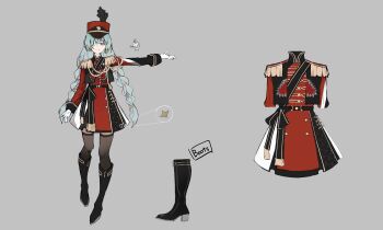 1girl absurdres bandage_over_one_eye black_boots black_thighhighs boots braid closed_mouth commentary_request dress epaulettes gloves grey_background grey_eyes grey_hair hat highres ishida_tatsuki long_hair looking_at_viewer low_twin_braids official_alternate_costume outstretched_arm phrolova_(wuthering_waves) red_dress red_hat reference_sheet simple_background smile solo thighhighs twin_braids white_gloves wuthering_waves