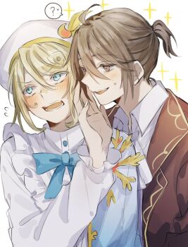 !_(rsa_yuhr) 2boys ? ahoge androgynous averting_eyes blonde_hair blue_bow blue_eyes blush bow brown_eyes brown_hair brown_jacket edgar_valden edgar_valden_(golden_ratio) fang frilled_shirt frilled_sleeves frills hair_between_eyes head_tilt identity_v jacket light_blush looking_at_another luca_balsa luca_balsa_(graduation_day) male_focus multiple_boys ponytail puffy_sleeves pushing_away shirt short_ponytail small_sweatdrop sparkle spoken_question_mark striped_blush sweat yaoi yellow_trim