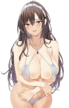 1girl bare_shoulders bikini blush breasts brown_hair character_request cleavage collarbone copyright_request hair_between_eyes hairband hiiragi_yuuichi jewelry large_breasts long_hair looking_at_viewer necklace purple_eyes simple_background solo swimsuit white_background