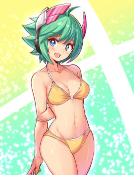 1girl arm_behind_back azure_striker_gunvolt azure_striker_gunvolt_2 bikini blue_eyes blush breasts collarbone cougar cougar_(cougar1404) green_hair gunvolt_chronicles_luminous_avenger_ix medium_breasts roro_(gunvolt) short_hair solo swimsuit tagme
