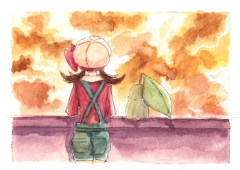 1girl akatsukishiro bow brown_hair chikorita denim denim_shorts facing_away gen_2_pokemon hat hat_bow lyra_(pokemon) nintendo outdoors painting_(medium) pink_bow pokemon pokemon_(creature) pokemon_hgss red_shirt shirt shorts standing sunset suspenders traditional_media twintails watercolor_(medium) white_hat
