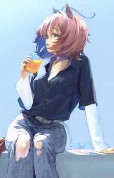1girl agnes_tachyon_(umamusume) alternate_costume animal_ears black_shirt brown_hair collared_shirt commentary_request denim drink highres holding holding_drink horse_ears horse_girl horse_tail jeans juice layered_sleeves long_sleeves looking_at_viewer mixed-language_commentary o_ko_ge2024 open_mouth orange_juice pants red_eyes shirt short_hair short_over_long_sleeves short_sleeves solo tail torn_clothes torn_jeans torn_pants umamusume white_shirt
