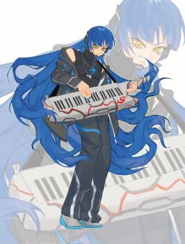 1boy androgynous black_jacket black_pants blue_hair blue_nails catfish05 closed_mouth commentary full_body highres holding holding_instrument instrument jacket jewelry keytar long_hair long_sleeves male_focus music necklace open_clothes open_jacket pants playing_instrument protagonist_(smtv) shin_megami_tensei shin_megami_tensei_v simple_background solo standing symbol-only_commentary very_long_hair white_background yellow_eyes zoom_layer