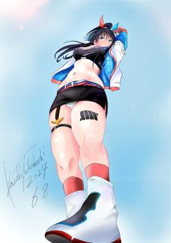 1girl arms_up belt black_hair black_shirt black_skirt blue_background blue_eyes dated from_below garter_straps gridman_universe hair_ribbon jacket kazuki_(aquariumseen) leg_tattoo long_hair midriff miniskirt navel open_clothes open_jacket outdoors panties panty_peek ponytail red_socks ribbon shirt shoes sidelocks signature single_garter_strap skindentation skirt sky socks solo ssss.gridman strapless stretching takarada_rikka takarada_rikka_(solarain_toys) tattoo thick_thighs thigh_strap thighs tube_top underwear upskirt watermark white_jacket white_panties white_shoes wide_hips