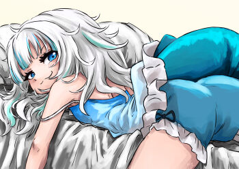 1girl :3 ass blue_eyes blush breasts closed_mouth commentary english_commentary fang fins fish_tail flat_chest frills from_behind from_side gawr_gura highres hololive hololive_english looking_at_viewer lying messy_hair multicolored_hair nightgown on_bed on_stomach shark_girl shark_tail simple_background small_breasts smug solo strap_slip streaked_hair superfann tail white_hair