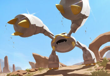 alternate_color black_sclera blue_sky claws colored_sclera commentary_request day dirt ewokakukaede fangs gen_3_pokemon glint grass highres metagross metal_skin nintendo no_humans open_mouth outdoors pokemon pokemon_(creature) pokemon_focus rearing red_eyes shiny_pokemon skin_fangs sky solo spikes