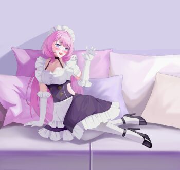 1girl absurdres apron black_dress blue_eyes blush breasts cleavage clothing_cutout commentary couch dress elysia_(honkai_impact) elysia_(miss_pink)_(honkai_impact) elysia_(miss_pink_elf)_(honkai_impact) gloves high_heels highres honkai_(series) honkai_impact_3rd large_breasts long_hair lying maid maid_apron maid_headdress mingyangyiou official_alternate_costume on_couch on_side pantyhose pillow pink_hair side_cutout solo symbol-only_commentary very_long_hair white_apron white_gloves white_pantyhose