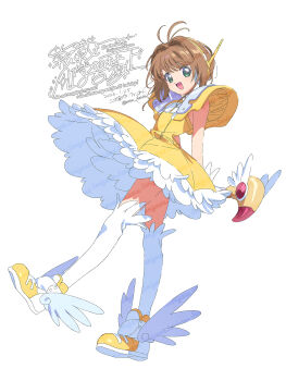 1girl :d antenna_hair brown_hair cardcaptor_sakura child dress frilled_dress frills full_body green_eyes hair_intakes hairband highres holding holding_wand kinomoto_sakura looking_at_viewer open_mouth serizawa_serizane shoes short_hair short_sleeves simple_background smile solo standing thighhighs wand watermark white_background white_thighhighs winged_shoes wings yellow_dress yellow_hairband yellow_shoes zettai_ryouiki