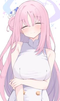 1girl absurdres arm_under_breasts blue_archive blush breasts closed_eyes closed_mouth commentary dress facing_viewer hair_bun halo highres large_breasts long_hair looking_at_viewer mika_(blue_archive) nui_(nuinui0300) pink_hair purple_halo single_side_bun sleeveless sleeveless_dress smile solo turtleneck turtleneck_dress upper_body variant_set very_long_hair white_background white_dress