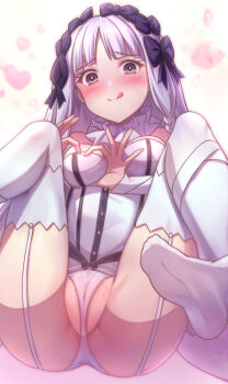 1girl bare_shoulders black_bow black_eyes blush bow braid breasts cameltoe collar colored_inner_hair commentary_request detached_sleeves dress fate/strange_fake fate_(series) francesca_prelati_(fate) frilled_collar frills garter_straps grey_hair hair_bow heart heart_hands highres licking_lips long_hair looking_at_viewer medium_breasts multicolored_hair panties parted_bangs ringed_eyes ryusei2u sidelocks smile spread_legs striped_clothes striped_dress thighhighs thighs tongue tongue_out underwear very_long_hair white_dress white_hair white_panties white_thighhighs