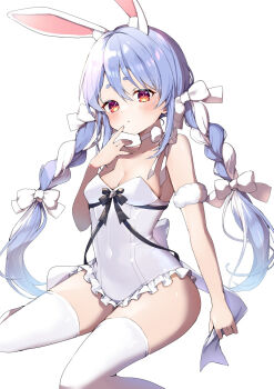 1girl alternate_costume animal_ear_fluff animal_ears blue_hair blush braid breasts commentary_request frilled_leotard frills hair_ornament highres hololive leotard long_hair looking_at_viewer mi_kamii2 multicolored_hair rabbit_ears rabbit_girl red_eyes solo thick_eyebrows thighhighs twin_braids two-tone_hair usada_pekora virtual_youtuber white_background white_hair white_leotard white_thighhighs