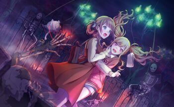 Rule 34 | 2girls, bag, blonde hair, blue eyes, blurry, brown bag, brown dress, cardigan, colorful palette, depth of field, dress, game cg, gradient hair, hair ornament, hair scrunchie, hibiku twilight parade (project sekai), highres, long hair, mochizuki honami, multicolored hair, multiple girls, musical note, official art, open mouth, pink cardigan, pink eyes, pink hair, project sekai, screaming, scrunchie, shoulder bag, side ponytail, sidelocks, skeleton, sparkle, sweatdrop, tears, tenma saki, third-party source, tongue, twintails