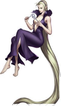 1girl absurdly_long_hair artist_request barefoot blonde_hair breasts cleavage cleavage_cutout clothing_cutout demon_(megami_tensei) dress headband highres leanan_sidhe_(megami_tensei) long_dress long_hair official_art persona persona_5 persona_5:_the_phantom_x pointy_ears purple_dress revision shin_megami_tensei solo third-party_source transparent_background very_long_hair
