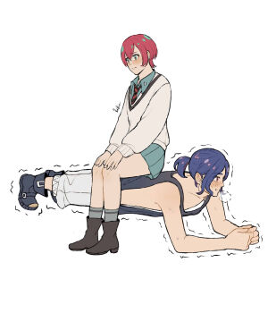 1boy 1girl amate_yuzuriha aqua_eyes aqua_shirt aqua_skirt artist_name bare_shoulders black_boots black_tank_top blue_hair blush boots commentary english_commentary exercising full_body grey_socks gundam gundam_gquuuuuux hair_between_eyes highres lida_(lidalida04) long_sleeves medium_hair mixed-language_commentary multicolored_hair necktie pants parted_bangs pleated_skirt ponytail push-ups red_eyes red_hair school_uniform shirt short_hair shuji_ito sitting sitting_on_person skirt smile socks striped_necktie sweat sweater tank_top trembling white_background white_pants wide-eyed