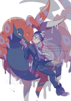Rule 34 | 1boy, antennae, auko, black-framed eyewear, black hair, black jacket, black pants, bug, centipede, closed mouth, collared shirt, colored sclera, corbeau (pokemon), eyewear strap, frown, gen 5 pokemon, glasses, highres, horns, jacket, long sleeves, looking at viewer, mega stone, necktie, nintendo, open clothes, open jacket, pants, parted hair, pokemon, pokemon (creature), pokemon legends: z-a, purple hair, purple shirt, round eyewear, scolipede, shirt, short hair, short sideburns, sideburns, undercut, white necktie, yellow eyes, yellow sclera