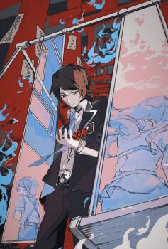 1boy 1girl arm_at_side black_pants blue_necktie border brown_eyes brown_hair cloud cloudy_sky dress_shirt facing_away facing_to_the_side flower furrowed_brow high_contrast highres hitodama holding holding_flower indoors jacket looking_at_hand looking_at_object looking_down loose_necktie necktie on_ground on_swing open_clothes open_jacket ornate_border outdoors pants paper parted_bangs persona persona_2 red_background red_flower remembering school_uniform shirt sitting sky smoke suou_tatsuya suspenders swing swing_set swinging_on_swing tremeo1 white_shirt