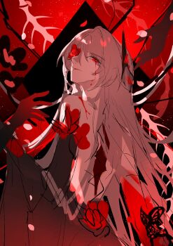 1girl acheron_(honkai:_star_rail) acheron_(slashed_dream)_(honkai:_star_rail) azuriel bare_shoulders black_sleeves blood blood_on_face bloody_tears branch breasts bug butterfly closed_mouth colored_extremities crop_top crying crying_with_eyes_open detached_sleeves from_behind grey_hair hair_between_eyes hair_ornament hair_over_one_eye hand_up highres honkai:_star_rail honkai_(series) insect large_breasts long_hair long_sleeves looking_at_viewer looking_back red_background red_butterfly red_eyes red_hands red_lips red_theme single_detached_sleeve sketch solo tears underworld very_long_hair wide_sleeves