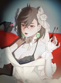 Rule 34 | 1boy, 1girl, absurdres, alternate costume, applying makeup, ayase momo, bare shoulders, black bra, bra, breasts, brown hair, choker, cleavage, commentary, couch, dandadan, earrings, floating earrings, glint, hachi (chisano hako), hair between eyes, hair ornament, halterneck, highres, holding, jacket, jewelry, lips, makeup, mascara, mascara wand, medium breasts, medium hair, messy hair, off-shoulder jacket, off shoulder, on couch, out of frame, parted lips, red eyes, red lips, ribbon, ribbon choker, see-through clothes, takakura ken (dandadan), underwear, upper body, white choker, white jacket, white ribbon