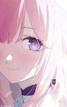 1girl close-up cryne cyrene_(honkai:_star_rail) diamond-shaped_pupils diamond_(shape) hashtag-only_commentary highres honkai:_star_rail honkai_(series) pink_hair purple_eyes purple_pupils smile solo symbol-shaped_pupils twitter_username upper_body