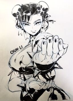 1girl ahn_dongshik birthday bracelet breasts bun_cover capcom character_name china_dress chinese_clothes chun-li covered_erect_nipples double_bun dragon_print dress earrings eyelashes eyeliner fighting_stance fingernails from_side graphite_(medium) greyscale hair_bun hair_ribbon hatching_(texture) head_down highres jewelry large_breasts light_smile linear_hatching long_fingernails looking_at_viewer looking_up makeup mandarin_collar marker_(medium) monochrome pantyhose pelvic_curtain photo_(medium) puffy_short_sleeves puffy_sleeves ribbon short_hair short_sleeves simple_background solo spiked_bracelet spikes street_fighter street_fighter_ii_(series) thick_eyebrows thighs tight_clothes traditional_media upper_body waistband white_background xiangyun
