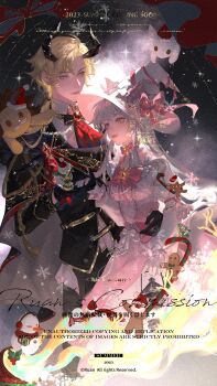 Rule 34 | 1boy, 1girl, absurdres, aiguillette, aqua eyes, ascot, black bow, black bowtie, black cape, black gloves, black horns, black jacket, black pants, blonde hair, bow, bow choker, bowtie, brooch, candy, candy cane, cape, center frills, choker, collared shirt, commissioner insert, creature on head, curtained hair, demon boy, demon horns, dress, eye contact, food, frilled choker, frilled sleeves, frills, gem, gingerbread man, gloves, grey cape, hat, hat bow, hat feather, hat ribbon, height difference, highres, holding, holding lantern, holding snowman, holly, horns, jacket, jewelry, juliet sleeves, lantern, lars rorschach, lars rorschach (until the end of time), lips, long hair, long sleeves, looking at another, lovebrush chronicles, low ponytail, oc x canon, orange lips, original, pants, pink bow, pink bowtie, pink dress, pink ribbon, ponytail, puffy sleeves, red ascot, red gemstone, reindeer, ribbon, ruanxiao, santa hat, shirt, side part, sleeve cuffs, snowflakes, snowing, sparkle, standing, two-sided cape, two-sided fabric, waist bow, white bow, white choker, white gloves, white hair, white hat, white shirt, witch hat