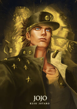 1boy absurdres black_hair black_hat black_jacket blue_eyes character_name chinese_commentary collarbone commentary_request gakuran hat highres iggy_(jojo) jacket jean_pierre_polnareff johnny_joestar jojo_no_kimyou_na_bouken kakyoin_noriaki kuujou_joutarou male_focus mohammed_avdol open_clothes open_jacket school_uniform solo star_(symbol) stardust_crusaders terrier_(dog) xiao-yang