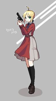1girl ahoge artoria_pendragon_(fate) black_socks blonde_hair blue_bow bow braid bun_with_braided_base commentary_request dress dun_dudu fate_(series) green_eyes gun hair_bow hair_bun highres holding holding_gun holding_weapon long_sleeves red_dress shoes sidelocks socks solo weapon