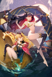 Rule 34 | 2girls, :d, anklet, armlet, asymmetrical sleeves, bare shoulders, barefoot, black dress, black hair, black ribbon, blonde hair, blue fire, blush, breasts, cage, cloak, colored inner hair, detached collar, detached sleeves, dress, earrings, ereshkigal (fate), fate/grand order, fate (series), feet, fire, floating, floating hair, full body, hair ribbon, heavenly boat maanna, high heels, highres, holding, holding cage, hood, hooded cloak, hoop earrings, ishtar (fate), jewelry, legs, long hair, looking at viewer, medium breasts, moon, multicolored hair, multiple girls, navel, no shoes, open mouth, plantar flexion, red cloak, red eyes, red hair, red ribbon, revision, ribbon, short dress, siino, single detached sleeve, single sleeve, single thighhigh, skull ornament, sky, smile, soles, star (sky), starry sky, stirrup legwear, thighhighs, thighs, tiara, toeless legwear, toes, two side up, underboob, yellow cloak