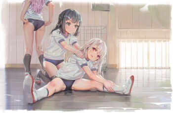3girls adjusting_buruma adjusting_clothes alphonse_(white_datura) ass black_hair black_socks black_thighhighs blue_buruma brown_eyes brown_hair buruma chloe_von_einzbern dark-skinned_female dark_skin exercising fate/kaleid_liner_prisma_illya fate_(series) gym_uniform hands_on_another's_shoulders highres illyasviel_von_einzbern indoors kneehighs kneeling kneepits legs long_hair miyu_edelfelt multiple_girls open_mouth pink_hair red_eyes revision shirt shoes short_sleeves sitting smile socks spread_legs standing stretching thighhighs thighs white_footwear white_shirt white_socks