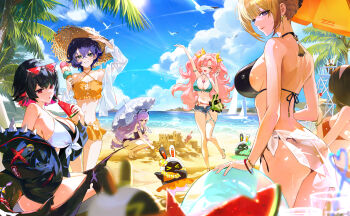 6+girls absurdres alternate_costume astra_yao beach belle_(zenless_zone_zero) bikini black_bikini black_hair black_jacket blonde_hair blue_bikini blue_hair blue_sky blush braid breasts closed_mouth colored_inner_hair comiket_107 commentary_request day denim denim_shorts ellen_joe evelyn_chevalier eyewear_on_head fins fish_tail food fruit green_eyes hairband hand_in_pocket hat highres holding holding_food holding_ice_cream_cone ice_cream_cone jacket large_breasts looking_at_viewer medium_breasts multicolored_hair multiple_girls navel nicole_demara ocean off_shoulder one_eye_closed open_clothes open_mouth open_shorts parted_lips pink_hair pink_hairband purple_eyes purple_hair red_bikini red_eyes red_hair sarong see-through_clothes see-through_sarong shark_girl shark_tail shirt short_hair short_shorts shorts sitting sky smile stomach straw_hat swimsuit tail twintails umbrella vivian_banshee watermelon watermelon_slice white_bikini white_shirt zenless_zone_zero zuco