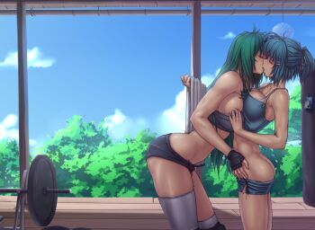 2girls ahoge alternate_hairstyle arched_back ass asymmetrical_legwear barbell black_gloves blue_hair breast_press breasts butt_crack closed_eyes clothes_pull cloud cloudy_sky cowboy_shot crop_top day fingerless_gloves french_kiss from_side gloves green_hair gym hair_ornament hair_ribbon hairclip hakurei_reimu half_updo hater_(hatater) indoors kiss kochiya_sanae large_breasts leaning_forward long_hair midriff multiple_girls muscular muscular_female photo_(object) punching_bag ribbon shameimaru_aya short_shorts shorts shorts_pull sideboob sky sports_bra standing sweat symmetrical_docking tatara_kogasa thighhighs toned toned_female touhou towel tree undressing uneven_legwear weights white_legwear wind_chime wooden_floor yuri