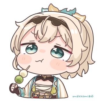 1girl :t black_hairband blonde_hair blue_eyes blush_stickers chibi closed_mouth collarbone commentary_request cropped_torso dango eating food hairband holding holding_food hololive kazama_iroha kazama_iroha_(1st_costume) mochimiko ponytail sanshoku_dango sarashi signature simple_background solo upper_body virtual_youtuber wagashi wavy_mouth white_background