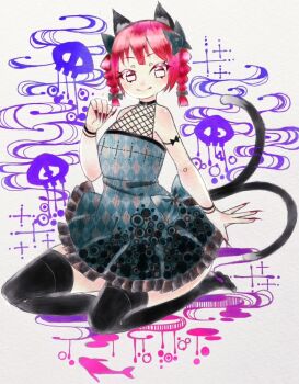 1girl alternate_costume animal_ears black_bow black_thighhighs boku_(isizakitakasi) bow braid cat_ears dress dress_bow fingernails full_body green_dress hair_bow kaenbyou_rin kneeling medium_hair multiple_tails red_hair red_nails sharp_fingernails sleeveless sleeveless_dress solo tail thighhighs touhou twin_braids two_tails unmoving_pattern