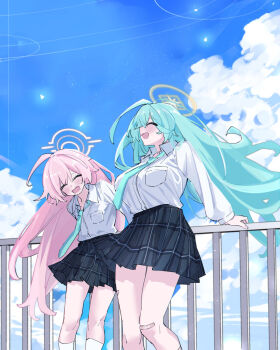 2girls against_railing ahoge bandaid bandaid_on_knee bandaid_on_leg black_skirt blue_archive blue_necktie blush breasts closed_eyes fang green_hair hair_between_eyes highres hoshino_(blue_archive) kneehighs large_breasts long_hair multiple_girls necktie open_mouth pink_hair railing rinrikoko shirt sidelocks skirt sky socks white_shirt white_socks yume_(blue_archive)