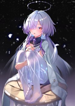 Rule 34 | absurdres, barefoot, chen kang, colored eyelashes, commentary request, earrings, grey hair, hair ornament, hair over one eye, halo, hand on own knee, highres, jacket, jewelry, knees up, long hair, looking at viewer, mornye (wuthering waves), no shoes, red eyes, see-through body, sitting, triangle earrings, very long hair, white jacket, white petals, wuthering waves