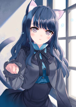 1girl amamiya_chiharu animal_ears black_hair breasts cat_ears cat_girl cat_tail gothic_lolita grey_eyes lolita_fashion long_hair medium_breasts neck_ribbon original paw_pose ribbon solo tail window