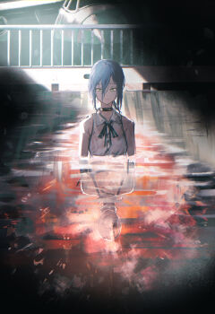 1girl absurdres black_choker black_ribbon blue_hair bomb_devil_(chainsaw_man) chainsaw_man choker closed_mouth cokei collared_shirt different_reflection green_eyes hair_between_eyes highres neck_ribbon partially_submerged railing reflection reze_(chainsaw_man) ribbon shirt sleeveless sleeveless_shirt solo white_shirt