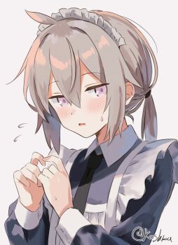 1girl absurdres alternate_costume apron black_dress black_necktie blush commentary_request dress enmaided flying_sweatdrops girls&#039;_frontline grey_background grey_hair hair_between_eyes highres koshka_pic long_sleeves m200_(girls&#039;_frontline) maid maid_headdress necktie parted_lips ponytail purple_eyes sidelocks simple_background solo sweat upper_body white_apron