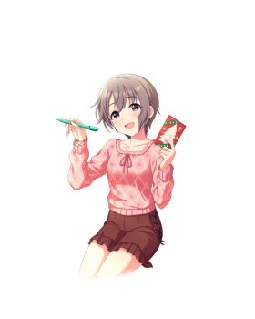 1girl christmas_tree grey_eyes holding idolmaster idolmaster_cinderella_girls official_art open_mouth otokura_yuuki pen purple_hair shorts solo transparent_background