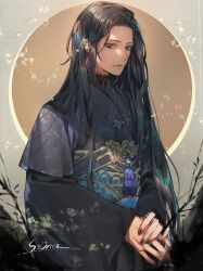 Rule 34 | 1boy, absurdres, artist name, bamboo, bishounen, black eyes, black hair, black nails, black robe, black sash, brown background, chinese clothes, closed mouth, curtained hair, ear covers, earrings, embroidery, gold trim, grey background, hanfu, highres, jewelry, light smile, long hair, long sleeves, looking at viewer, male focus, nail polish, original, own hands together, parted bangs, robe, sash, single earring, solo, soono (rlagpfl), splatter print, tassel, tassel earrings, two-tone background, upper body, v arms, wide sleeves