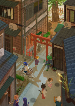 2others 6+girls absurdres ambiguous_gender animal_ears bicycle building cat_ears cat_girl cat_tail commentary_request condenser_unit day frog from_above furry highres manhole_cover multiple_girls multiple_others original outdoors plant potted_plant power_lines riding riding_bicycle santo_moco scenery shadow sitting standing tail torii tree urban utility_pole walking