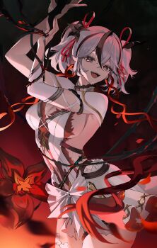 Rule 34 | 1girl, :d, absurdres, arms up, black eyes, black flower, breasts, camellya (wuthering waves), cleavage, clothing cutout, collar, commentary, cowboy shot, dress, english commentary, flower, hair between eyes, hair flower, hair ornament, hair ribbon, hair vines, highres, looking at viewer, medium breasts, navel, open mouth, red pupils, red ribbon, ribbon, short hair, sideless dress, smile, solo, stomach cutout, teeth, totomong, upper teeth only, white collar, white dress, white hair, wuthering waves