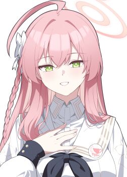 1girl ahoge black_neckerchief blue_archive bow braid commentary_request cosplay dress green_eyes hair_between_eyes hair_bow halo hanako_(blue_archive) hand_on_own_chest highres huge_ahoge long_hair looking_at_viewer nagisa_(blue_archive) nagisa_(blue_archive)_(cosplay) neckerchief pink_hair pink_halo reia_76 sailor_collar single_braid smile solo white_background white_dress white_sailor_collar