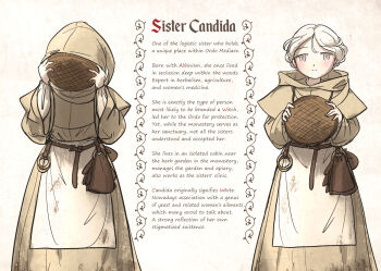 1girl albino apron basket belt blush cape commentary english_commentary english_text grey_eyes highres holding hood hooded_robe ironlily leather_belt medieval multiple_views nun original pouch reference_sheet robe short_hair simple_background sketch white_apron white_background white_hair