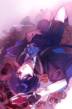 Rule 34 | 1boy, alcohol, arm up, ascot, black cloak, black gloves, black hair, black shorts, black vest, blue ascot, blue cloak, blunt ends, bright pupils, cloak, cnorkie, cup, dress shirt, eyelashes, eyeliner, eyeshadow, feathers, flower, formal clothes, frilled shirt collar, frilled sleeves, frills, genshin impact, glass, gloves, gold trim, half gloves, hand on own stomach, highres, holding, holding cup, knees up, lapels, long sleeves, lying, makeup, male focus, multicolored hair, official alternate costume, on back, on flower, parted lips, pom pom (clothes), purple eyes, purple hair, red eyeliner, red eyeshadow, red flower, red rose, red wine, rose, scaramouche (genshin impact), shirt, shorts, signature, solo, spilling, streaked hair, tsurime, twitter username, two-sided cloak, two-sided fabric, undershirt, vest, wanderer (genshin fes 2026) (genshin impact), wanderer (genshin impact), white mouth, white pupils, white shirt, white sleeves, white trim, wine, wispy bangs, yellow feathers