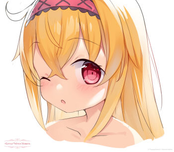 1girl ahoge artist_request bare_shoulders blonde_hair blush commentary_request copyright_name hairband highres little_witch_nobeta long_hair nobeta official_art one_eye_closed open_mouth pink_hairband red_eyes second-party_source solo topless_female upper_body