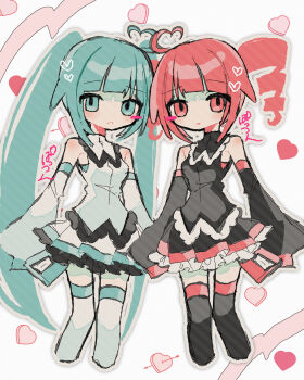 2girls ahoge aqua_eyes aqua_hair black_shirt black_skirt black_thighhighs blush_stickers detached_sleeves drill_hair feet_out_of_frame frilled_skirt frills hatsune_miku heart heart_ahoge highres kasane_teto long_hair long_sleeves looking_at_viewer miniskirt multiple_girls okashira_moppu outline red_eyes red_hair shirt single_blush_sticker skirt sleeveless sleeveless_shirt thighhighs twin_drills twintails utau very_long_hair vocaloid white_shirt white_skirt white_thighhighs zettai_ryouiki