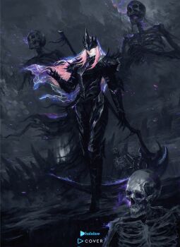 Rule 34 | 1girl, absurdres, armor, black armor, commentary, english commentary, floating hair, full armor, full body, hand up, highres, holding, holding scythe, hololive, hololive english, long hair, mori calliope, official art, purple hair, scythe, shimhaq, shoulder spikes, sidelocks, skeleton, solo, spikes, virtual youtuber